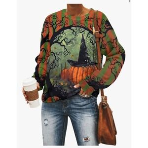 Womens Halloween Pumpkin Witch Hat Sweatshirt Graphic Print Top L‎
